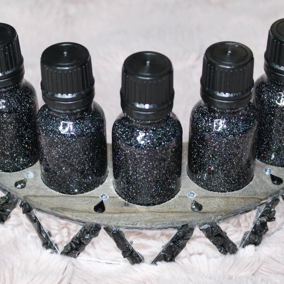 Other - Wooden Crescent Moon with 5 Glittered 15ml essential oil bottles